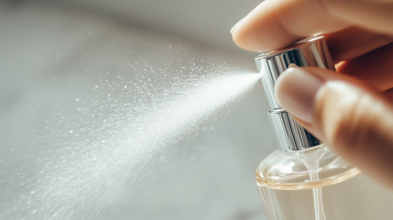 A spritz of fragrance against a warm neutral backdrop